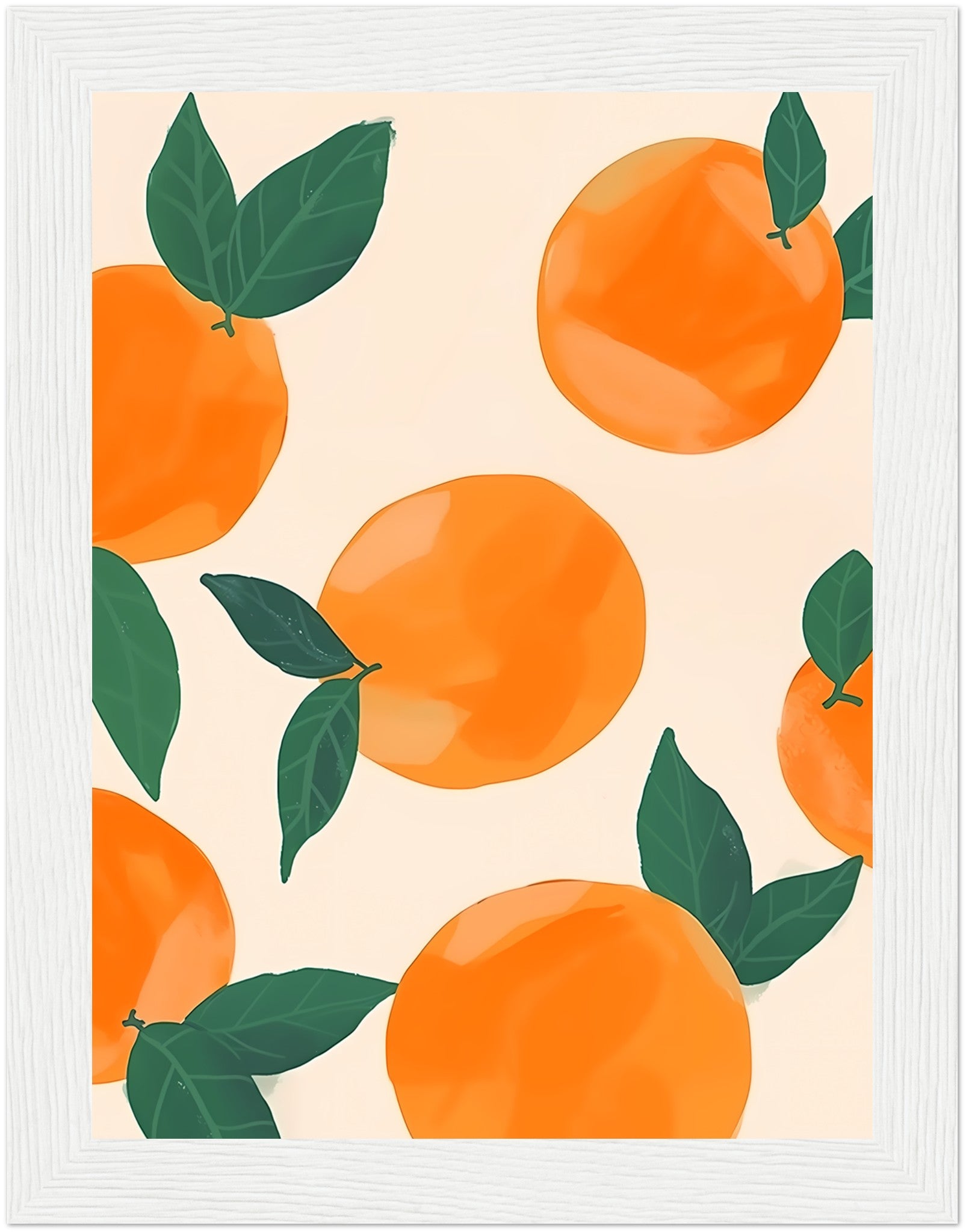 Illustration of vibrant oranges with leaves on a pale background, framed by a dark border.