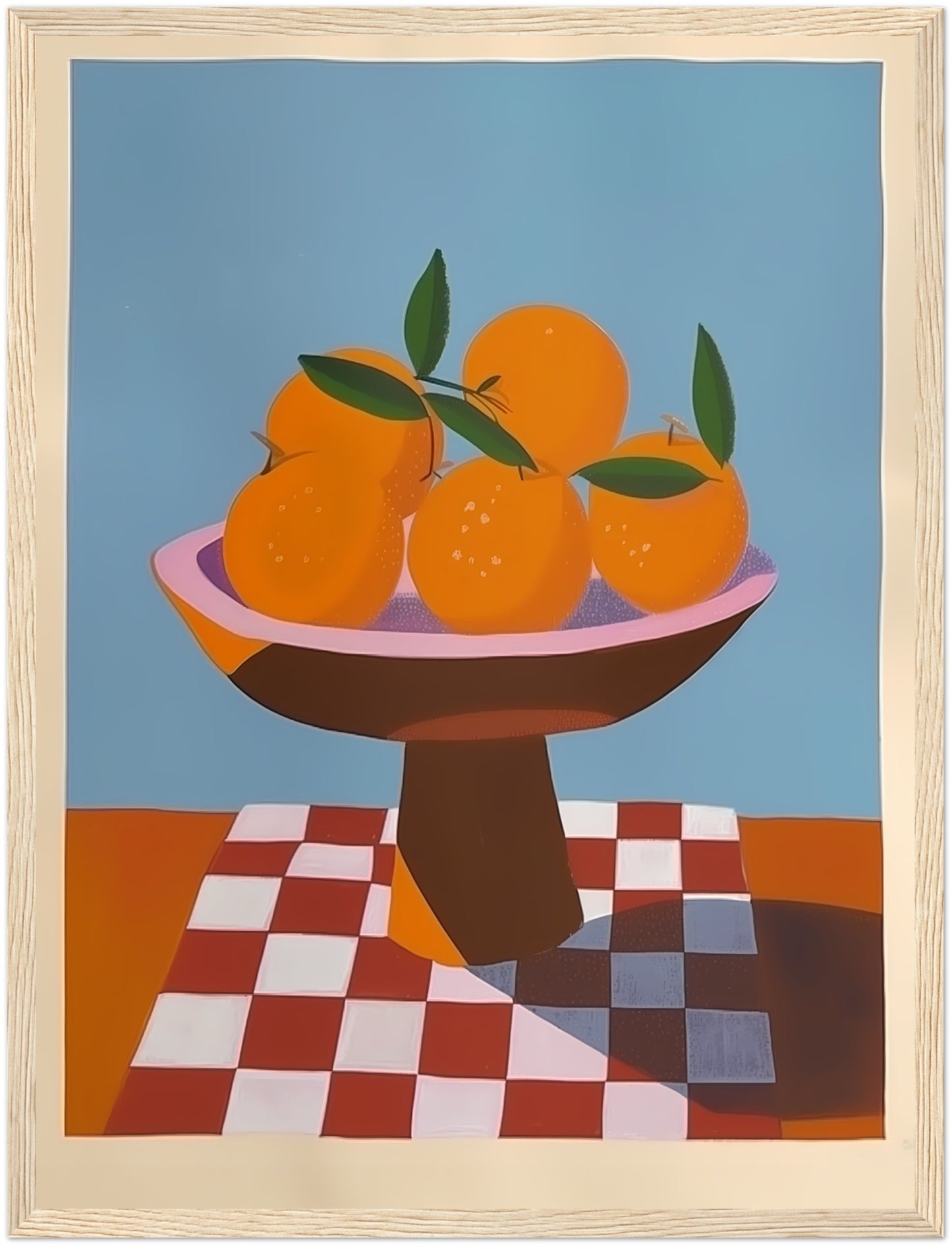 A framed painting of a bowl containing oranges on a checkered surface.