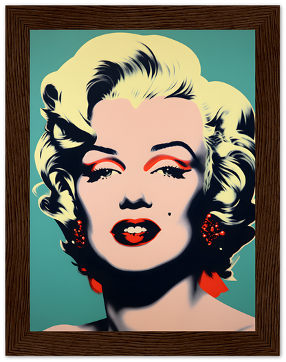 Pop art style portrait of a blonde woman in a wooden frame.