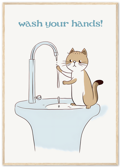 Illustration of a cartoon cat washing its paw under a faucet with the text "wash your hands!" above it.