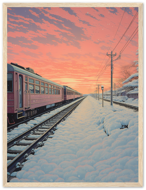 A framed artwork depicting a train on snowy tracks under a pink sunset sky.