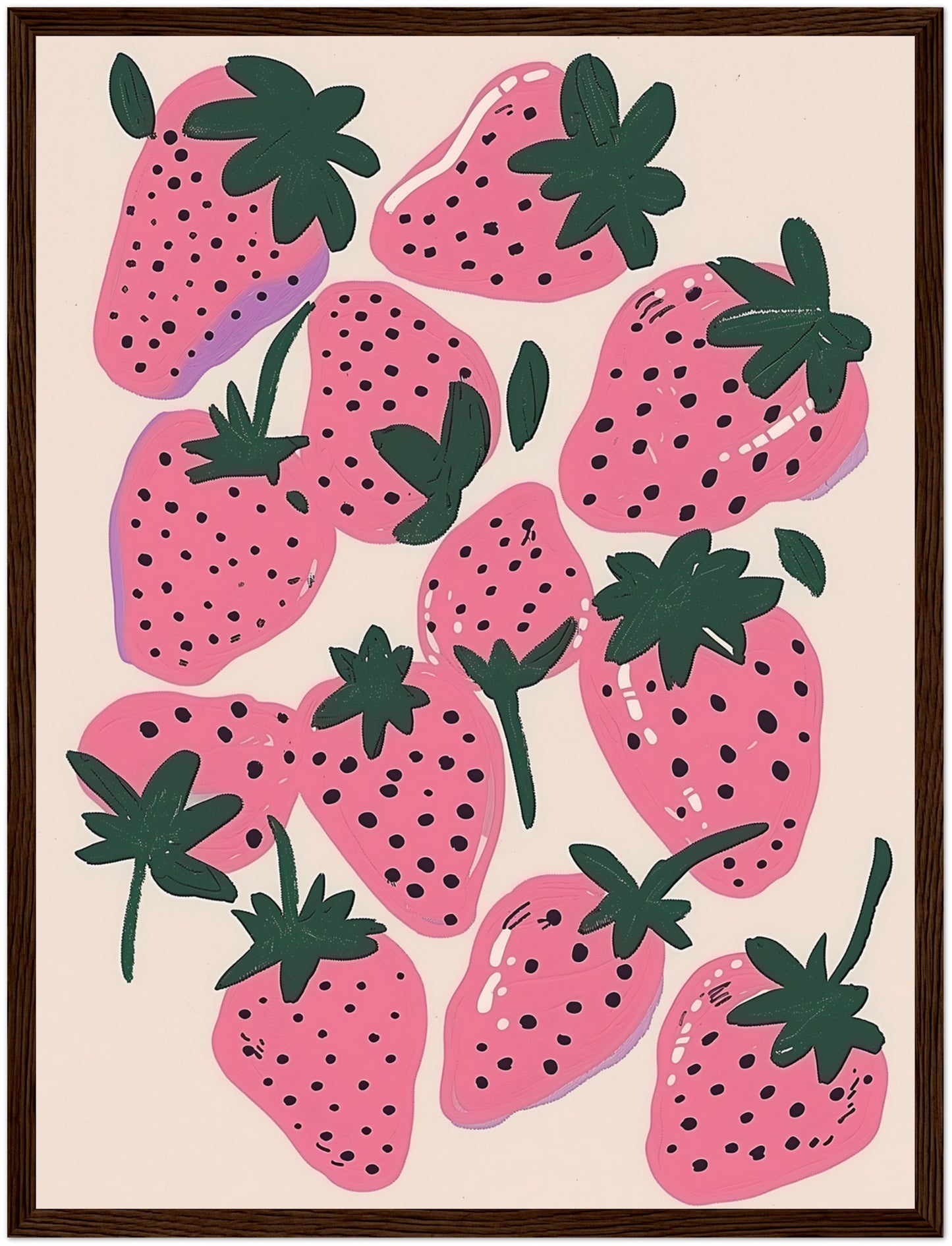 Illustration of stylized pink strawberries with black seeds and green leaves on a light background.