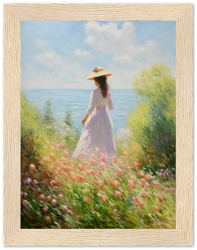 Painting of a woman in a white dress and hat standing in a flower field looking at the sea.