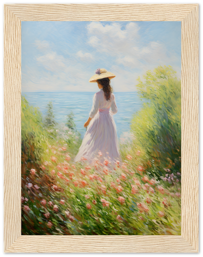 Painting of a woman in a white dress and hat standing in a flower field looking at the sea.