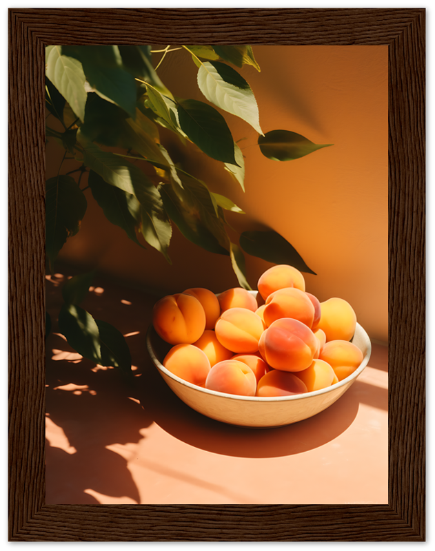 A framed picture of ripe apricots in a bowl with leaf shadows on the wall.
