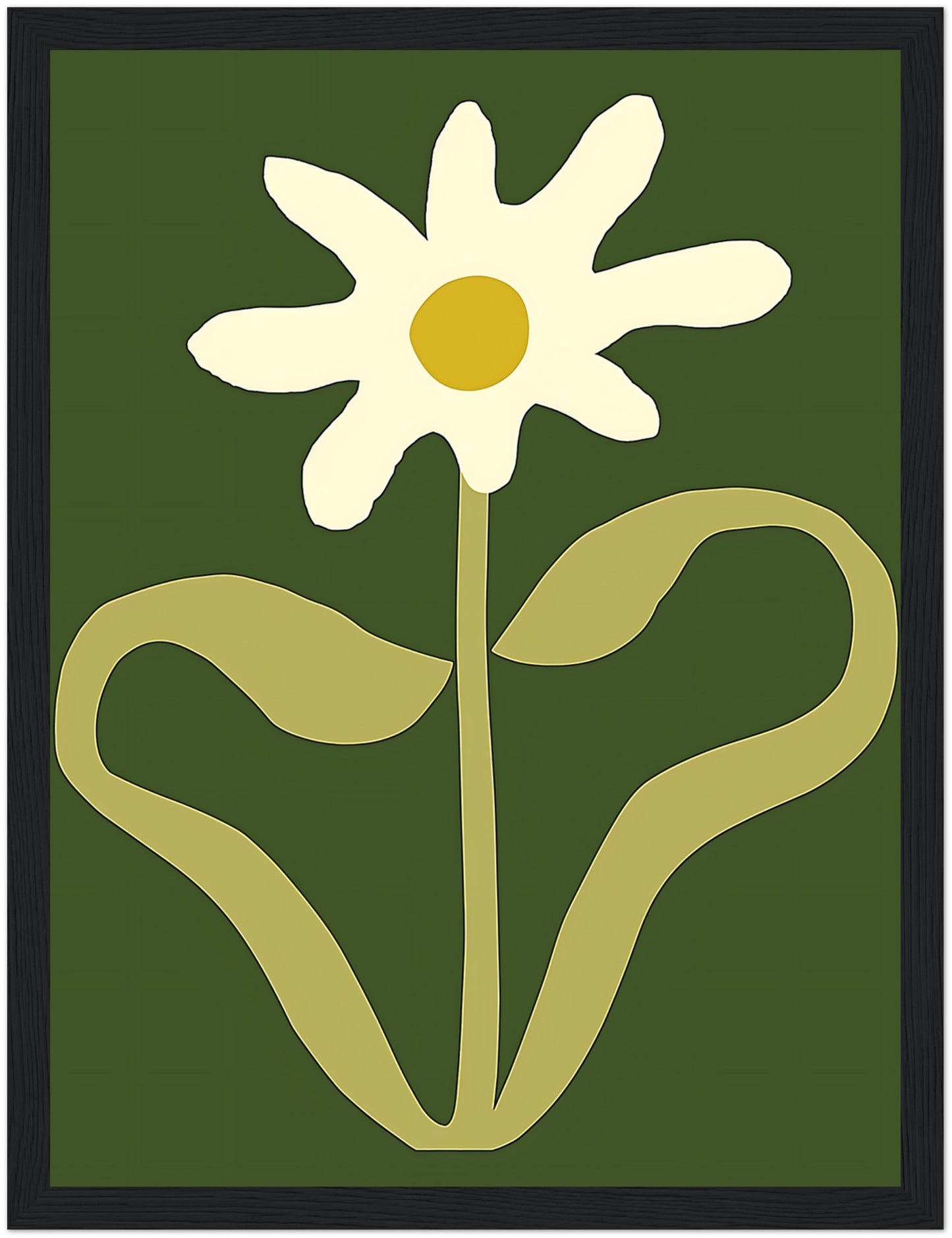 A stylized image of a white flower with a yellow center and green background, framed in brown.