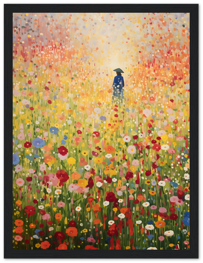 A vibrant painting of a person standing in a colorful field of flowers.