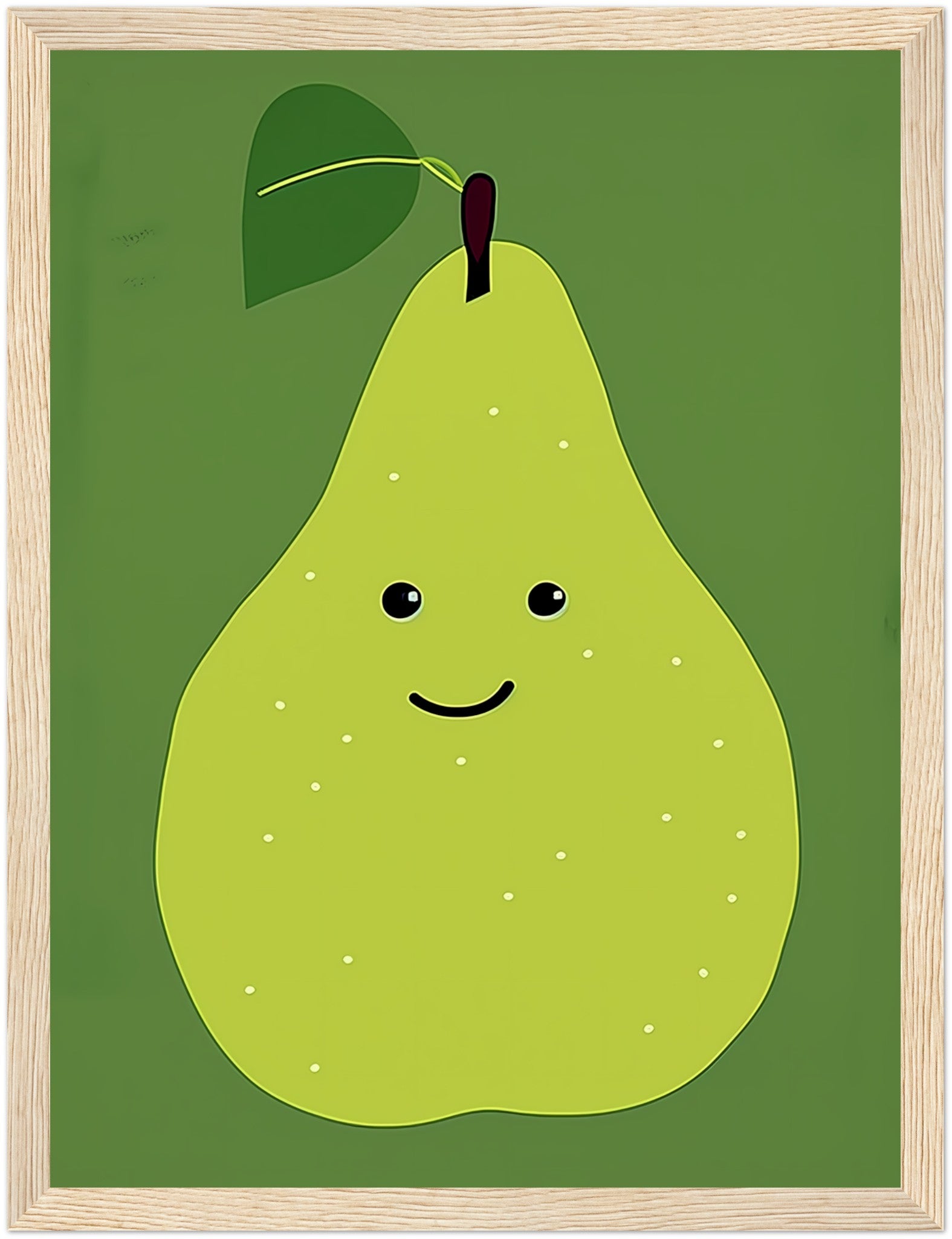 A framed illustration of a smiling pear with a leaf and stem.