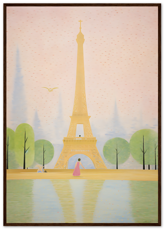 Illustration of the Eiffel Tower with trees, a reflective pool, and a person in a pink dress.