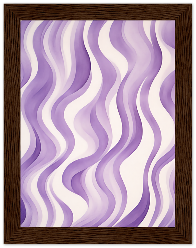 A framed abstract painting with purple wavy lines on a light background.