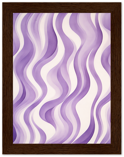 A framed abstract painting with purple wavy lines on a light background.