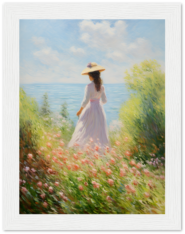 Painting of a woman in a white dress and hat standing in a flowery meadow by the sea.