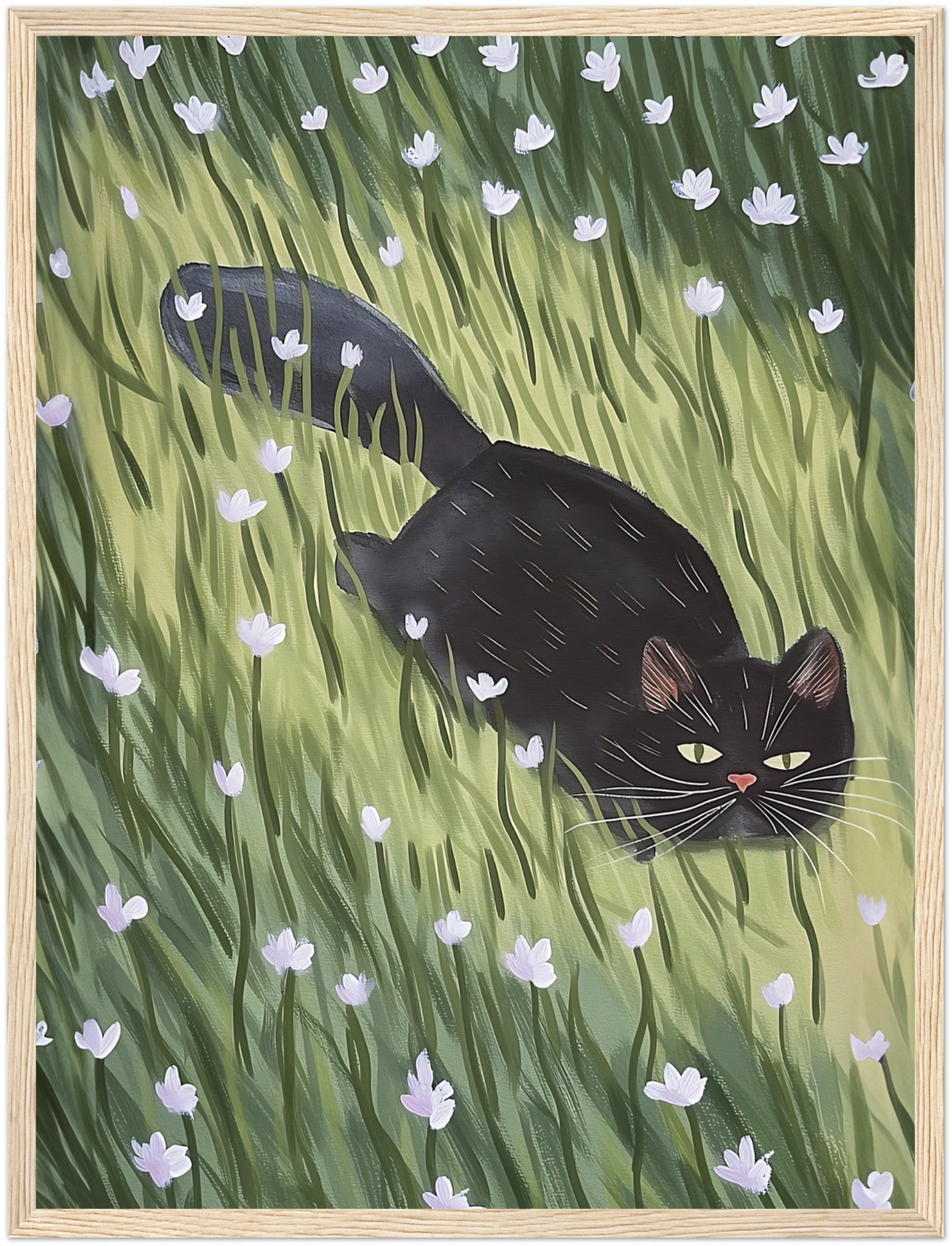 A painting of a black cat walking through a green field with white flowers, framed in wood.