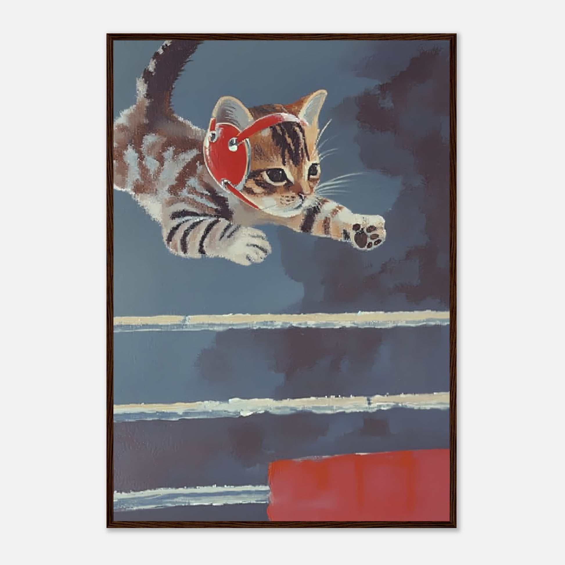 A painting of a cat with headphones leaping in the air against a blue background.