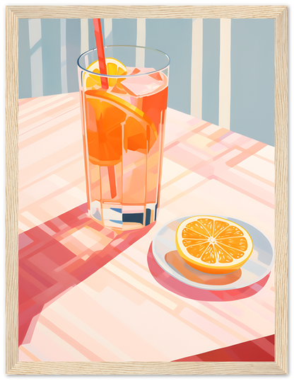 Illustration of a glass of iced tea with lemon on a sunny table.