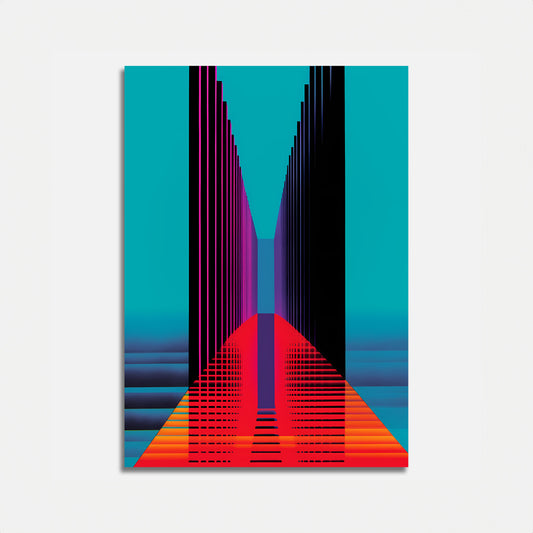 Abstract geometric artwork with vibrant blue, black, and red gradients.