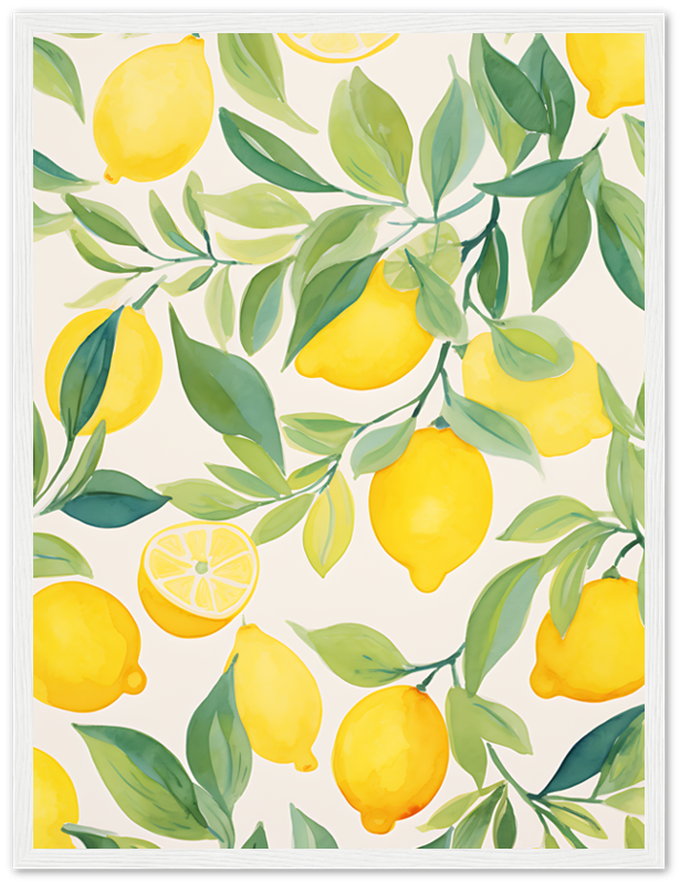 Illustration of vibrant yellow lemons with green leaves on a light background.