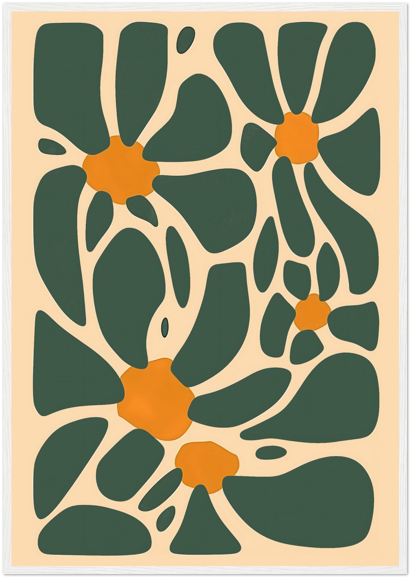 Abstract floral art with a retro color palette in a wooden frame.
