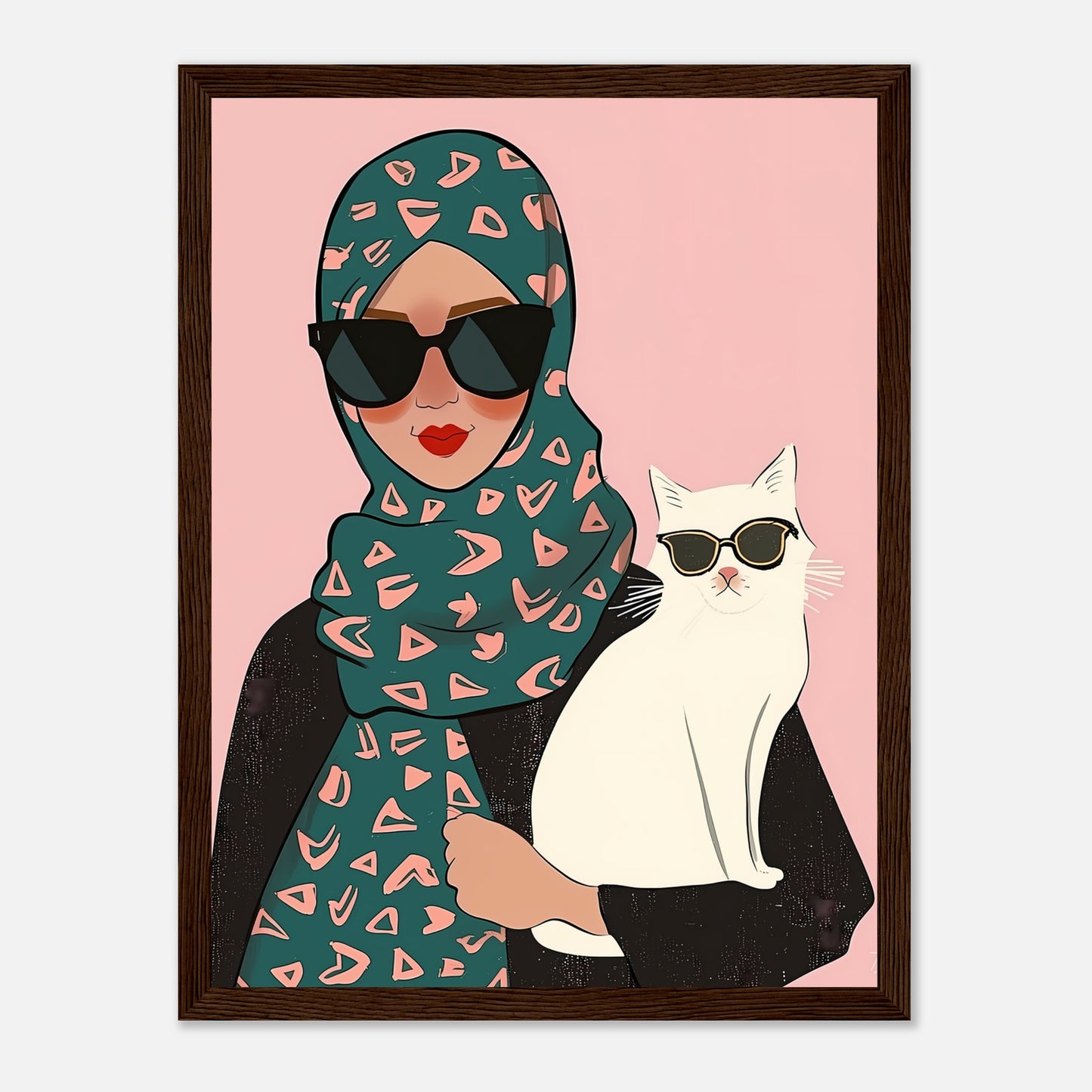Illustration of a stylish woman with a hijab holding a cat wearing sunglasses.