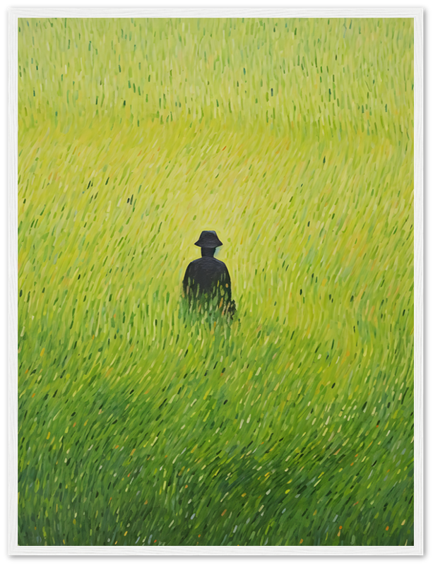 A painting of a lone figure in a field of tall green grass, viewed from behind.