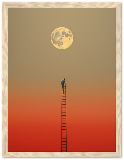 Person on a ladder reaching towards a large moon in a red sky.