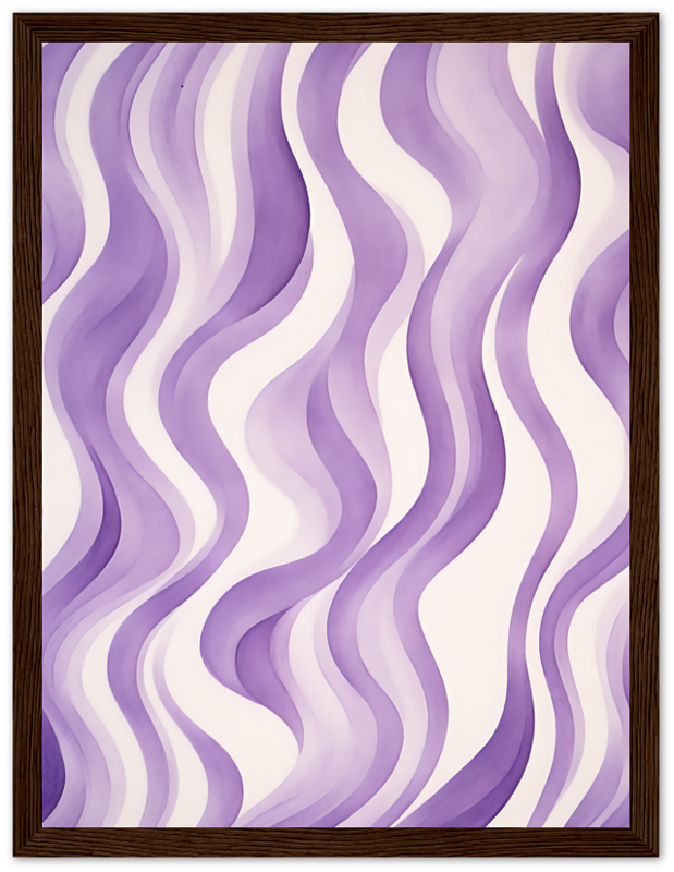 A framed abstract painting with purple wavy lines on a white background.