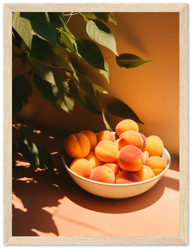 Bowl of apricots on a table with sunlight and leaf shadows.