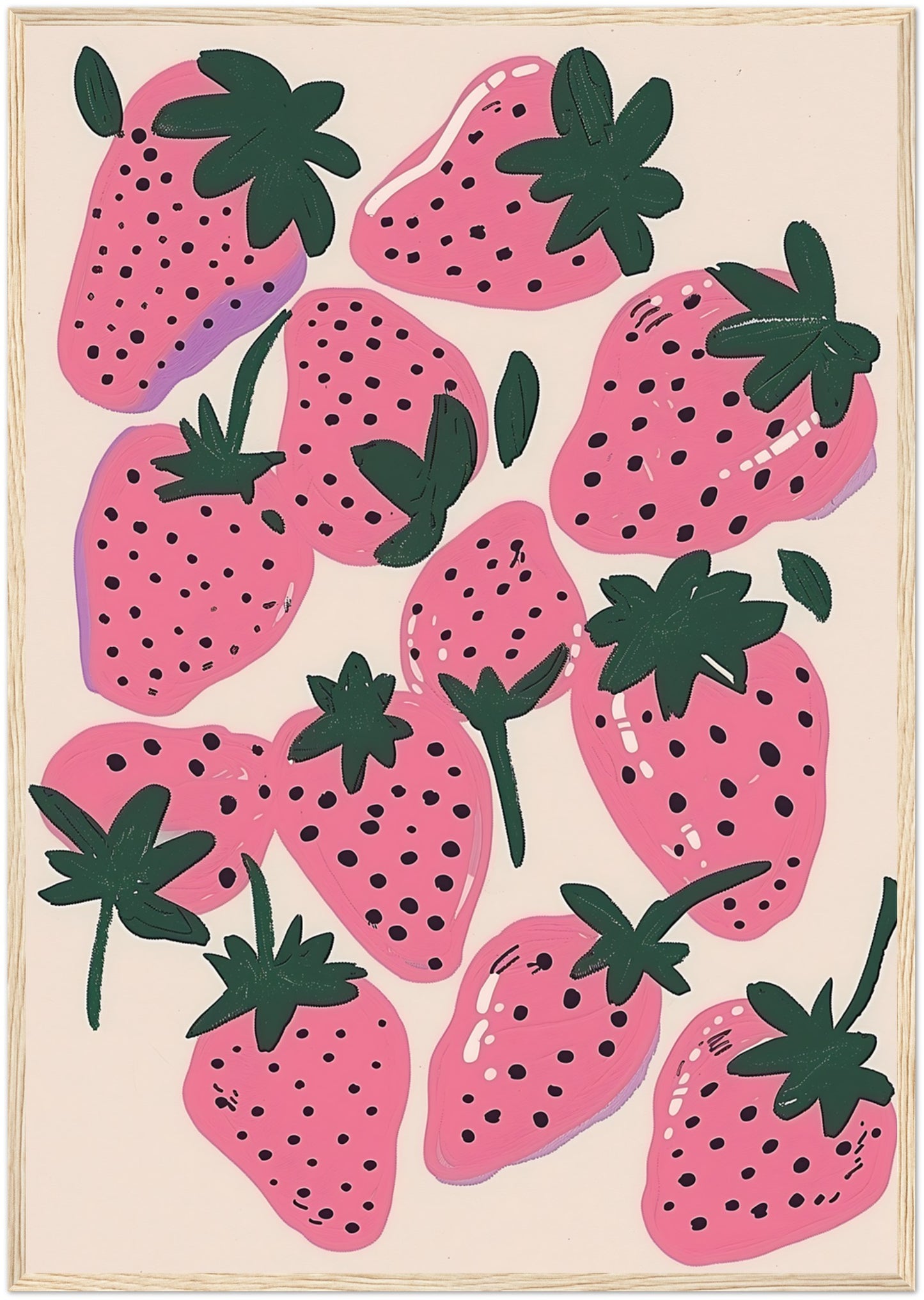 Illustration of stylized pink strawberries with black seeds and green leaves on a light background.