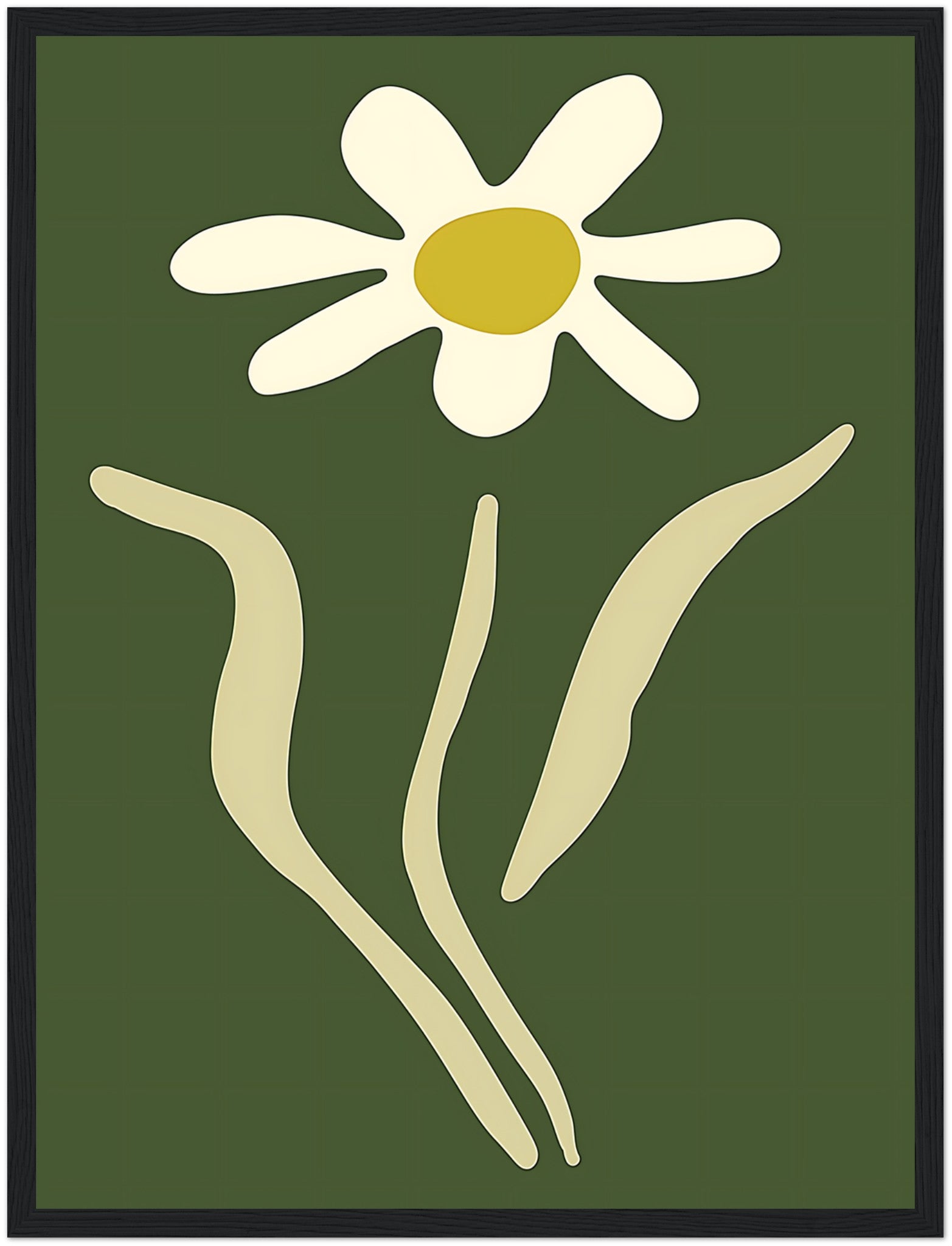 A stylized image of a white daisy with a yellow center on a green background, framed with a brown border.