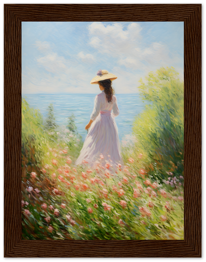 Painting of a woman in a white dress and hat looking at the sea, surrounded by flowers.