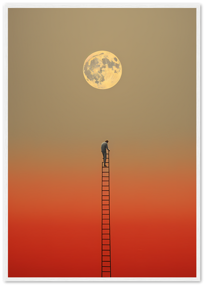 "Person on a ladder reaching towards a large moon in a framed sunset sky."
