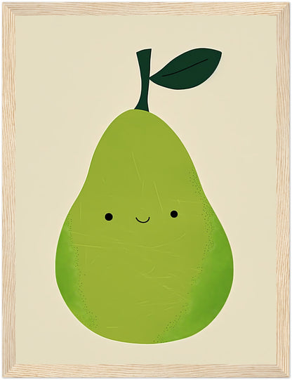 Illustration of a smiling green pear with a leaf in a brown frame.