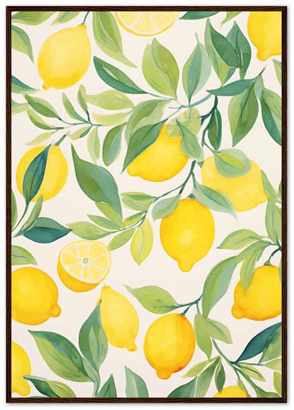 A painting of vibrant yellow lemons on leafy branches with a white background and brown frame.
