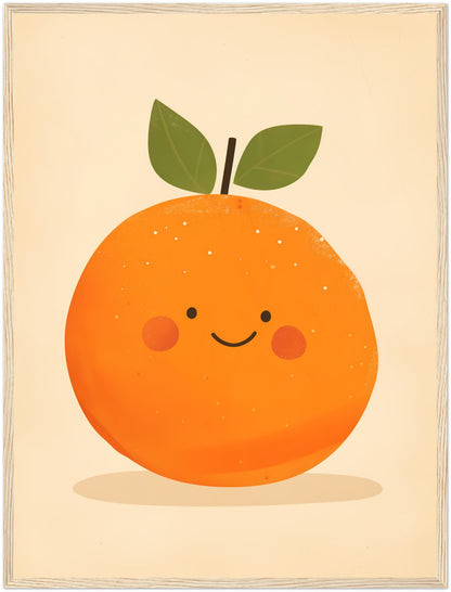 Illustration of a cute smiling orange with leaves in a frame.
