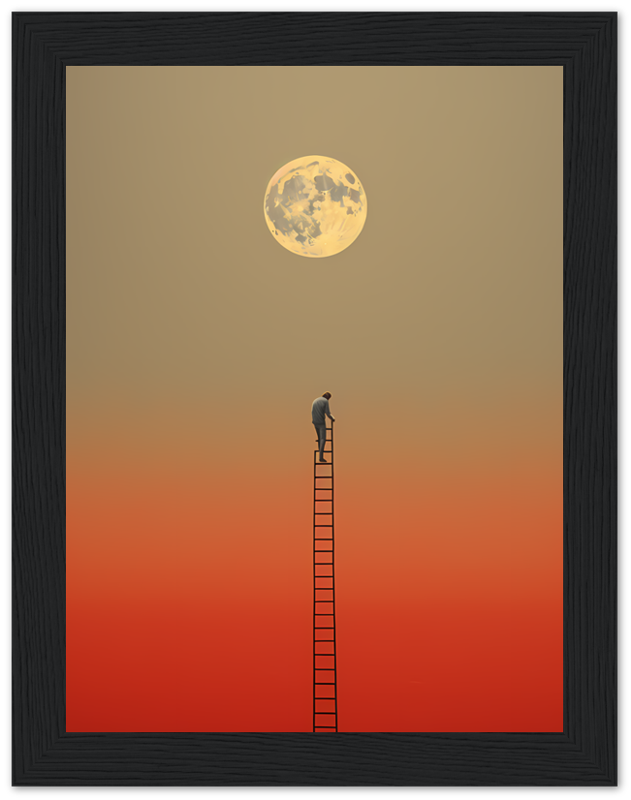 A person on a ladder reaching towards a large moon in a red sky, framed as artwork.