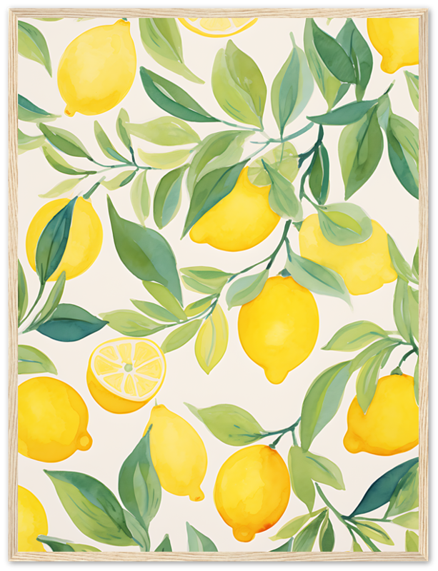A pattern of illustrated lemons and green leaves on a light background.