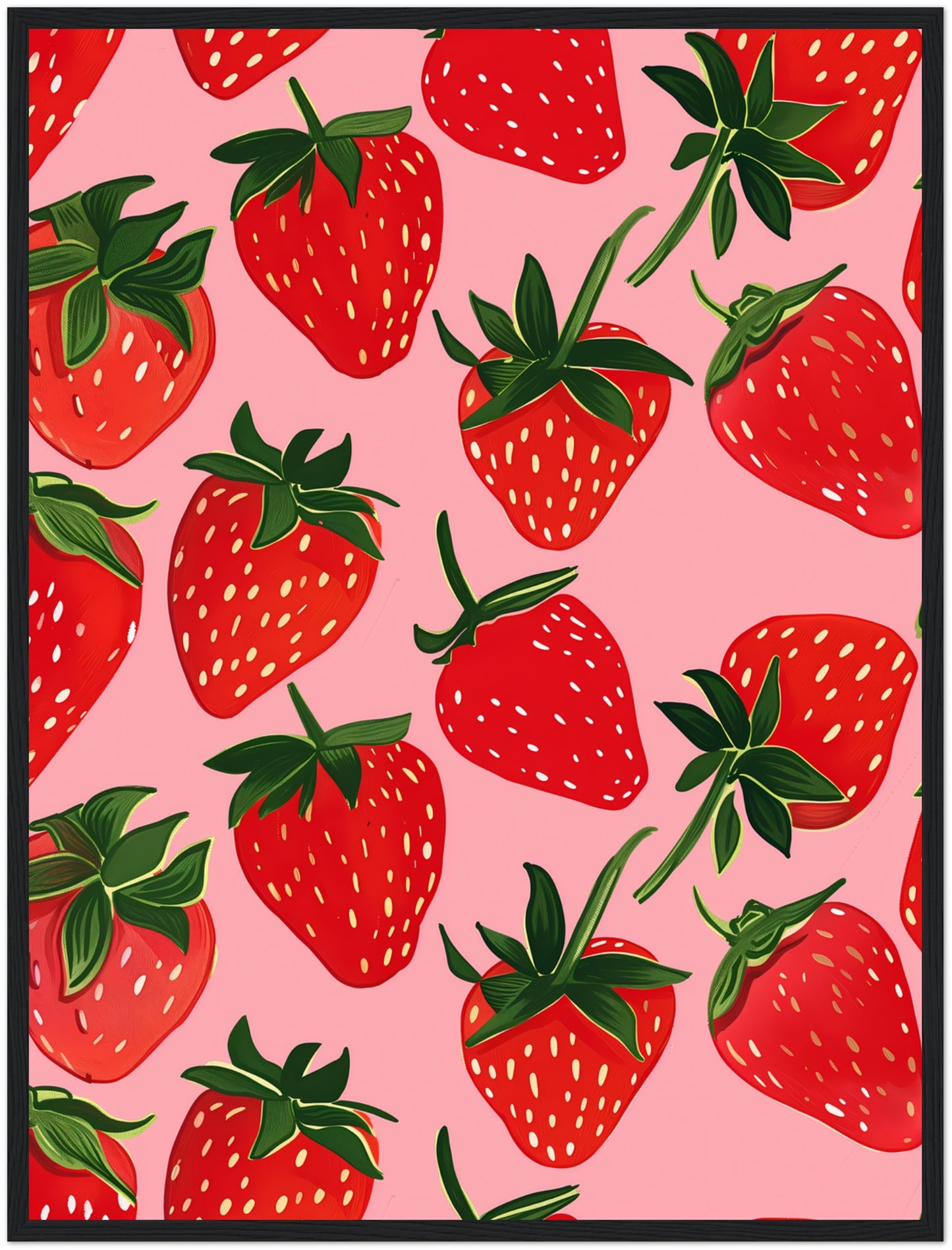 Colorful illustration of strawberries on a pink background.