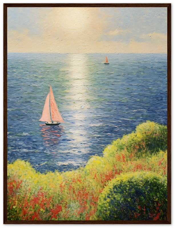 Painting of sailboats on a calm sea with sunlight reflecting on water, framed by a wooden frame.