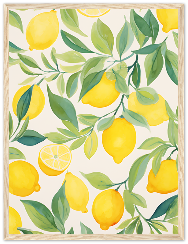 Illustration of yellow lemons with green leaves on a pale background with a wooden frame.