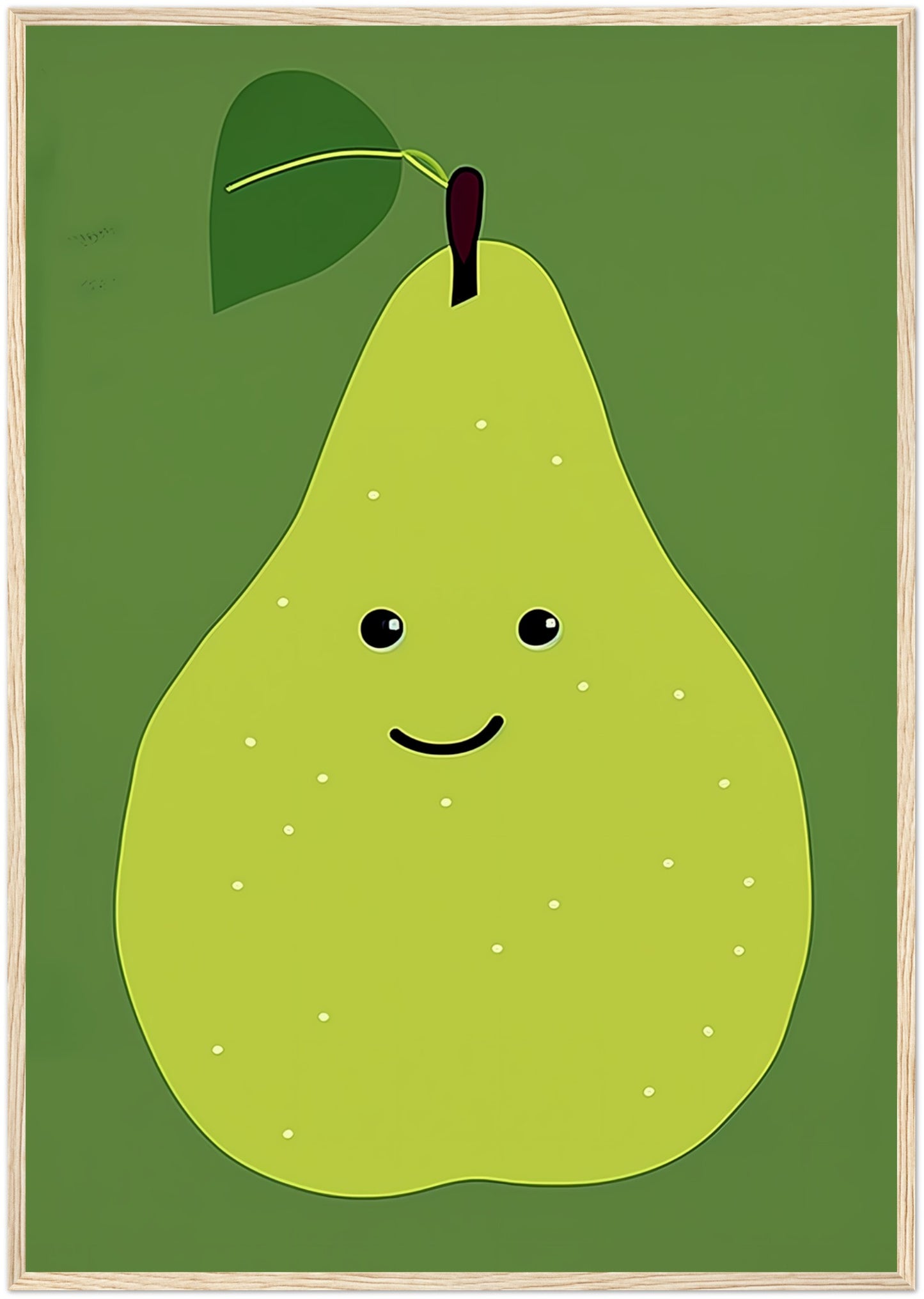 A framed illustration of a smiling pear with a leaf and stem.
