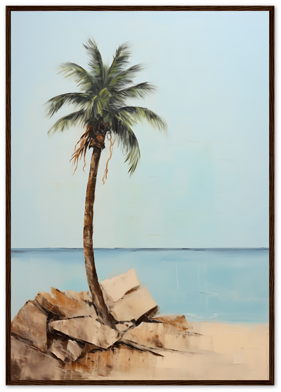 A framed painting of a lone palm tree on a rocky outcrop by the sea.