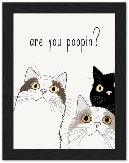 "Framed picture with illustration of three curious cats and the text 'are you poopin?'"