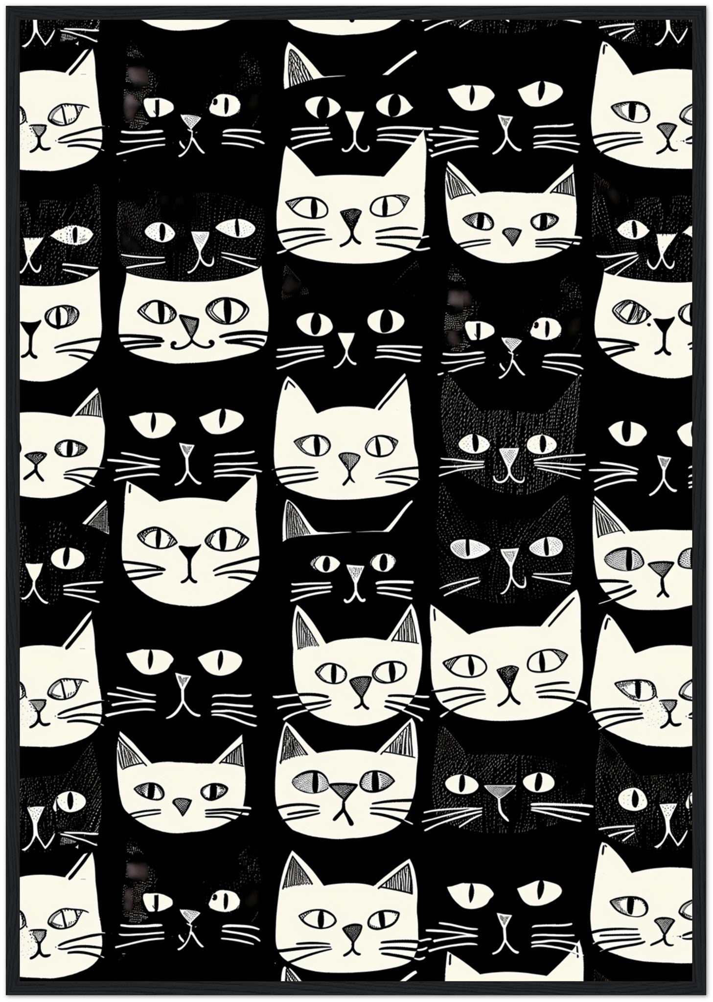 Black and white patterned artwork featuring various stylized cat faces.