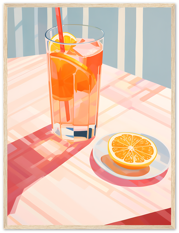 A stylized illustration of a glass of iced drink with lemon and a sliced orange on a plate.