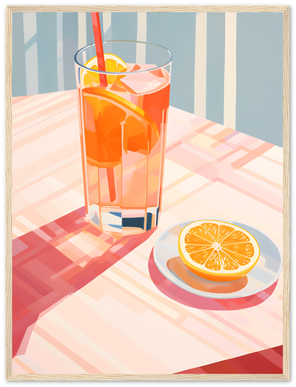 A stylized illustration of a glass of iced drink with lemon and a sliced orange on a plate.