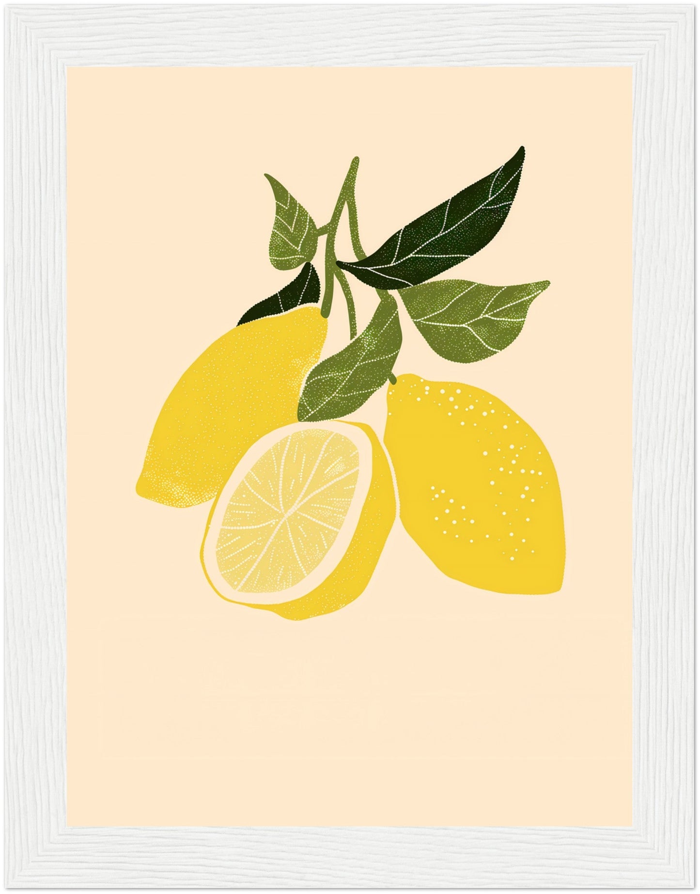 Illustration of yellow lemons with leaves in a brown frame.