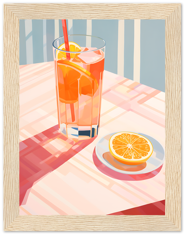 Illustration of a glass of iced tea with lemon on a table next to a sliced lemon on a plate.