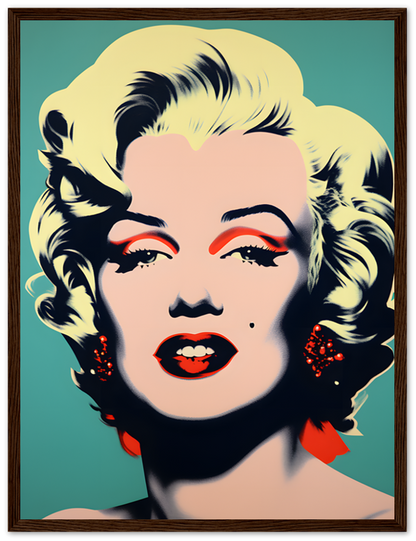 Pop art style portrait of a blonde woman with bold colors and a decorative frame.
