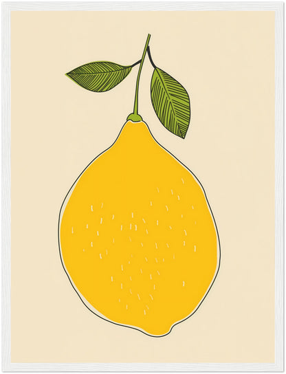 Illustration of a yellow pear with two green leaves on a light background, framed in brown.