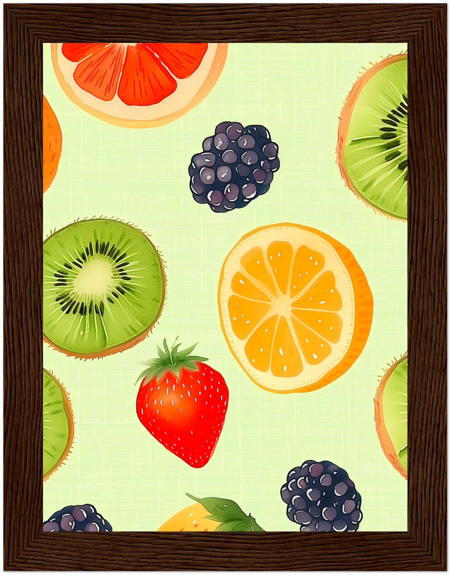 Colorful illustration of various fruits including strawberries, kiwis, and oranges on a patterned background.